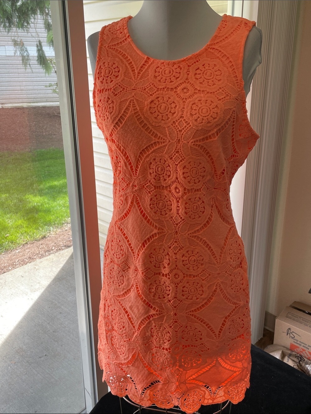 Women’s NWOT Sz L JAPNA, Orange Lace Shift Dress Floral & Geometric Pattern